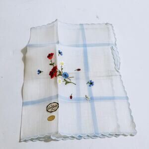 Carol Stanley Floral Embroidered Handkerchief Scalloped Cottagecore Austria NOS